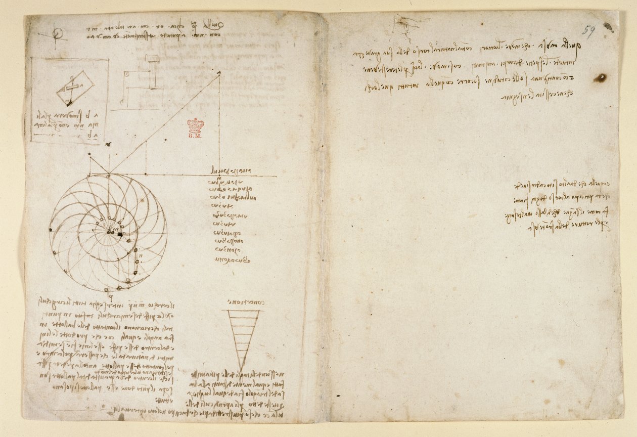 Arundel 263, f.44v, f.59 Szkic oka i nosa twarzy z profilu; notatki o wodzie, z „Codex Arundel” (pióro i atrament na papierze) autorstwa Leonardo da Vinci