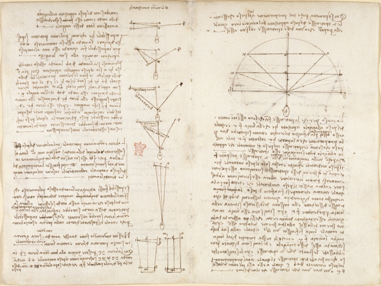 Arundel 263, f.6v, f.9 Uwagi i diagramy dotyczące mechaniki, zatytułowane „Elementi machinali”, z „Codex Arundel” autorstwa Leonardo da Vinci