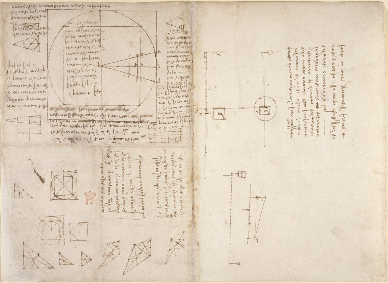 Arundel 263, f.72v, f.69 Uwagi i diagramy dotyczące mechaniki i środka ciężkości, z „Codex Arundel”, c.1503-5 (pióro i atrament na papierze) autorstwa Leonardo da Vinci