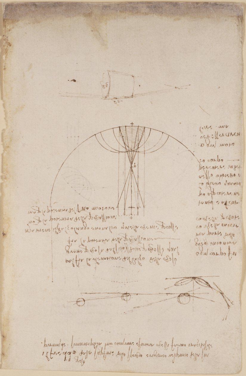 Arundel 263, f.85 Diagramy dotyczące optyki, dotyczące kaustyki odbicia; uwaga i szkic na temat mechaniki, dotyczący siły perkusji oraz z odniesieniami do zasady Arystotelesa „ogni attione facta dalla natura è facta nel più brieve modo”, c autorstwa Leonardo da Vinci