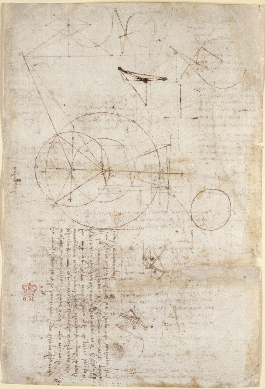 Arundel 263, f.95v Uwagi i diagramy dotyczące optyki, dotyczące problemu Alhazena; dwa szkice przedstawiające struktury kratowe, z „Codex Arundel”, c.1506-08 (pióro i atrament na papierze) autorstwa Leonardo da Vinci