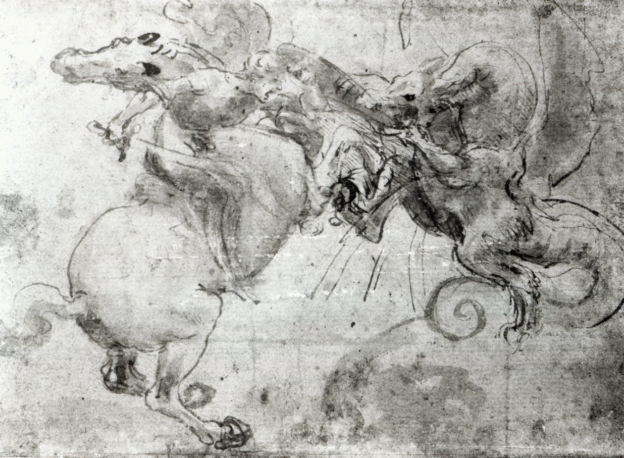 Bitwa między Jeźdźcem a Smokiem, ok.1482 (rysunek rysikiem, pióro i pędzel na papierze) autorstwa Leonardo da Vinci