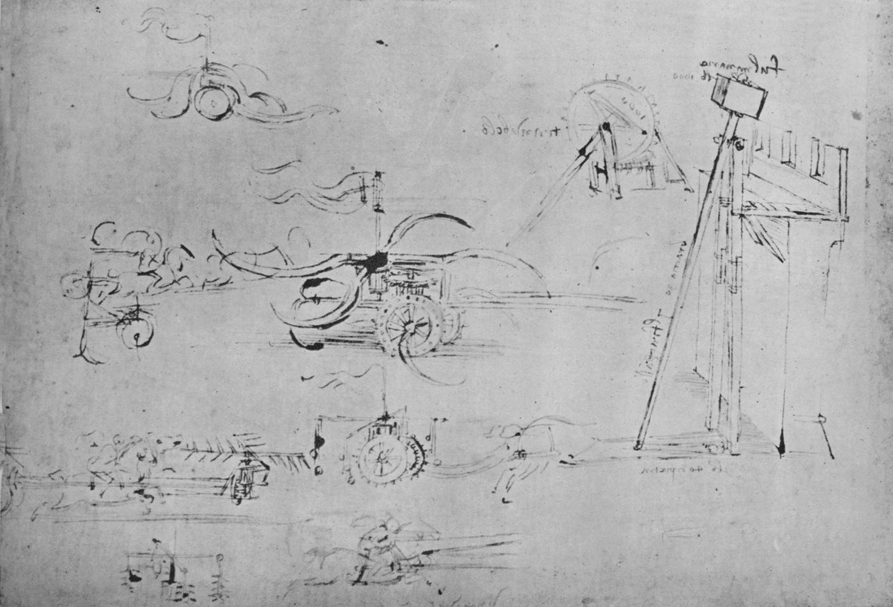 Rydwany uzbrojone w kosy i cepy oraz jeździec z trzema lancami, ok. 1480, 1945 r. autorstwa Leonardo da Vinci