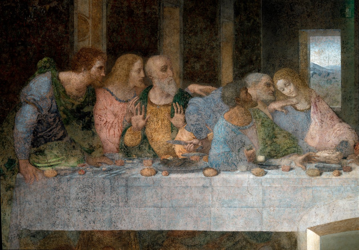 Fragment La Cene (Il Cenacolo (Ultima Cena)) przedstawiający od lewej do prawej apostoła św. Barthelemy, Jakuba, syna Alphee, Andre, Judasza, Piotra i Jana. 1495 - 1498. Fresk Leonarda da Vinci (Leonardo da Vinci). Refektarz Santa Maria delle gra autorstwa Leonardo da Vinci