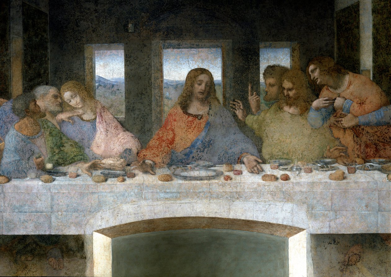 Fragment Cene (Il Cenacolo (Ultima Cena)) przedstawiający po lewej stronie apostołów Judasza, Piotra i Jana, Chrystusa w środku oraz apostołów Tomasza, Jakuba Większego i Filipa. Litera V między Janem a Chrystusem odnosiłaby się do kielicha Graala lub autorstwa Leonardo da Vinci