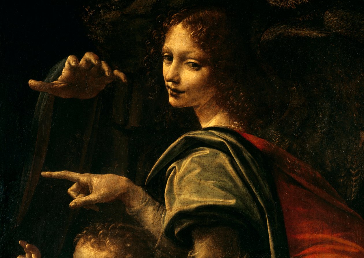 Szczegół Dziewica ze skałami, Święty Jan Chrzciciel wskazujący palec i ręka Matki Boskiej autorstwa Leonardo da Vinci