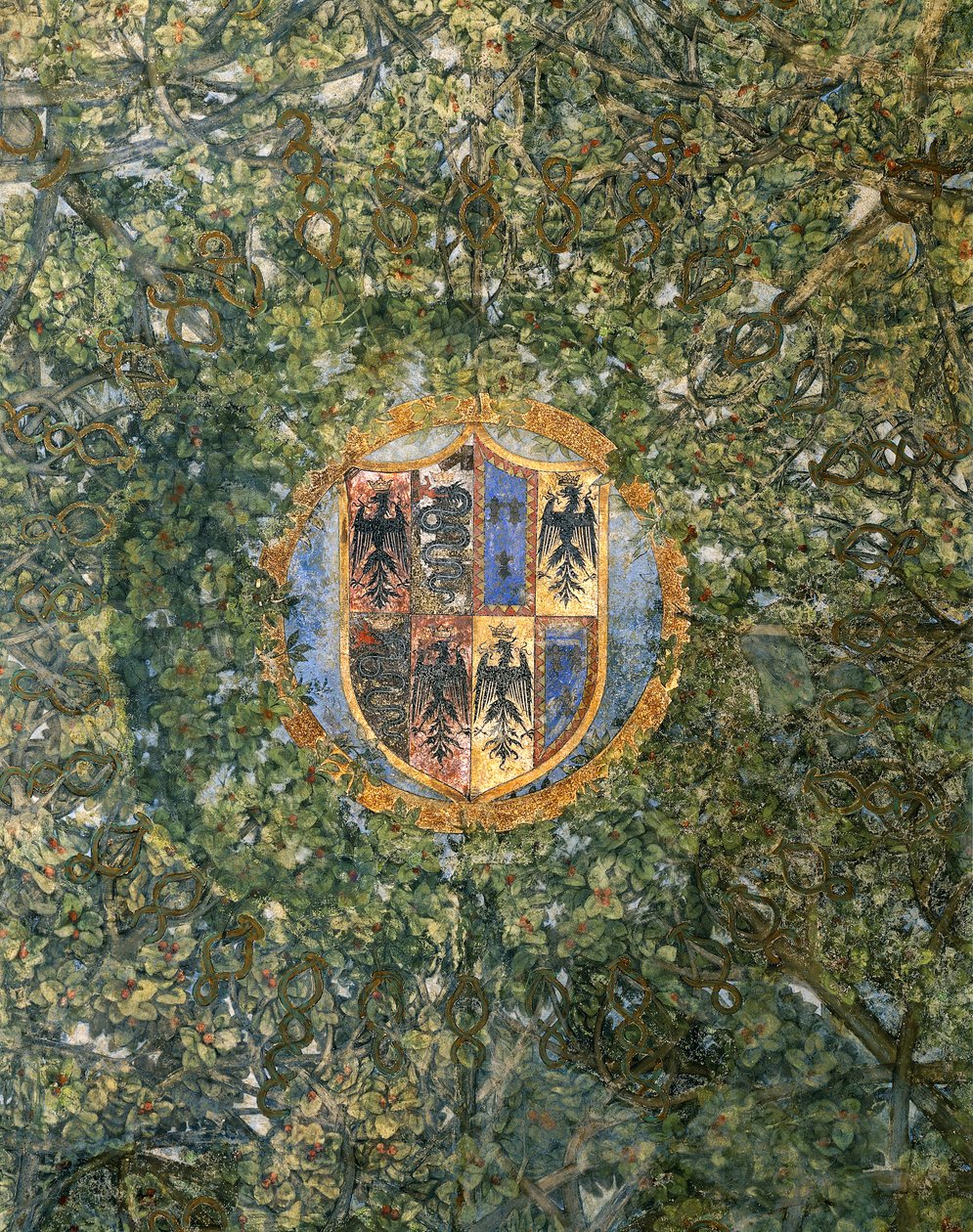 Detal sklepionego sufitu „Sala delle Asse” z geometrycznym wzorem pergoli rozgałęzionych, ok. 1498 (fresk) autorstwa Leonardo da Vinci