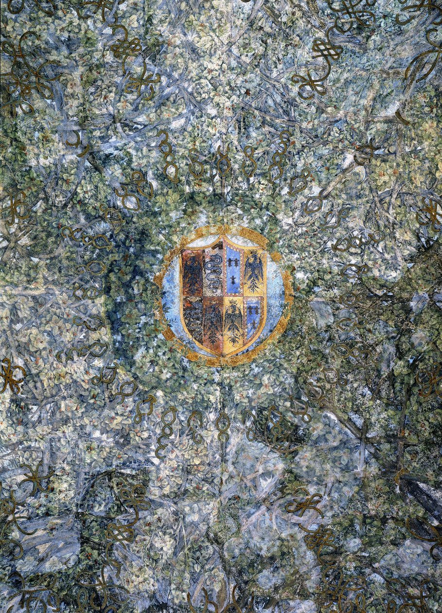 Detal sklepienia Sala delle Asse z geometrycznym motywem gałązek na pergoli, ok. 1498 r. autorstwa Leonardo da Vinci
