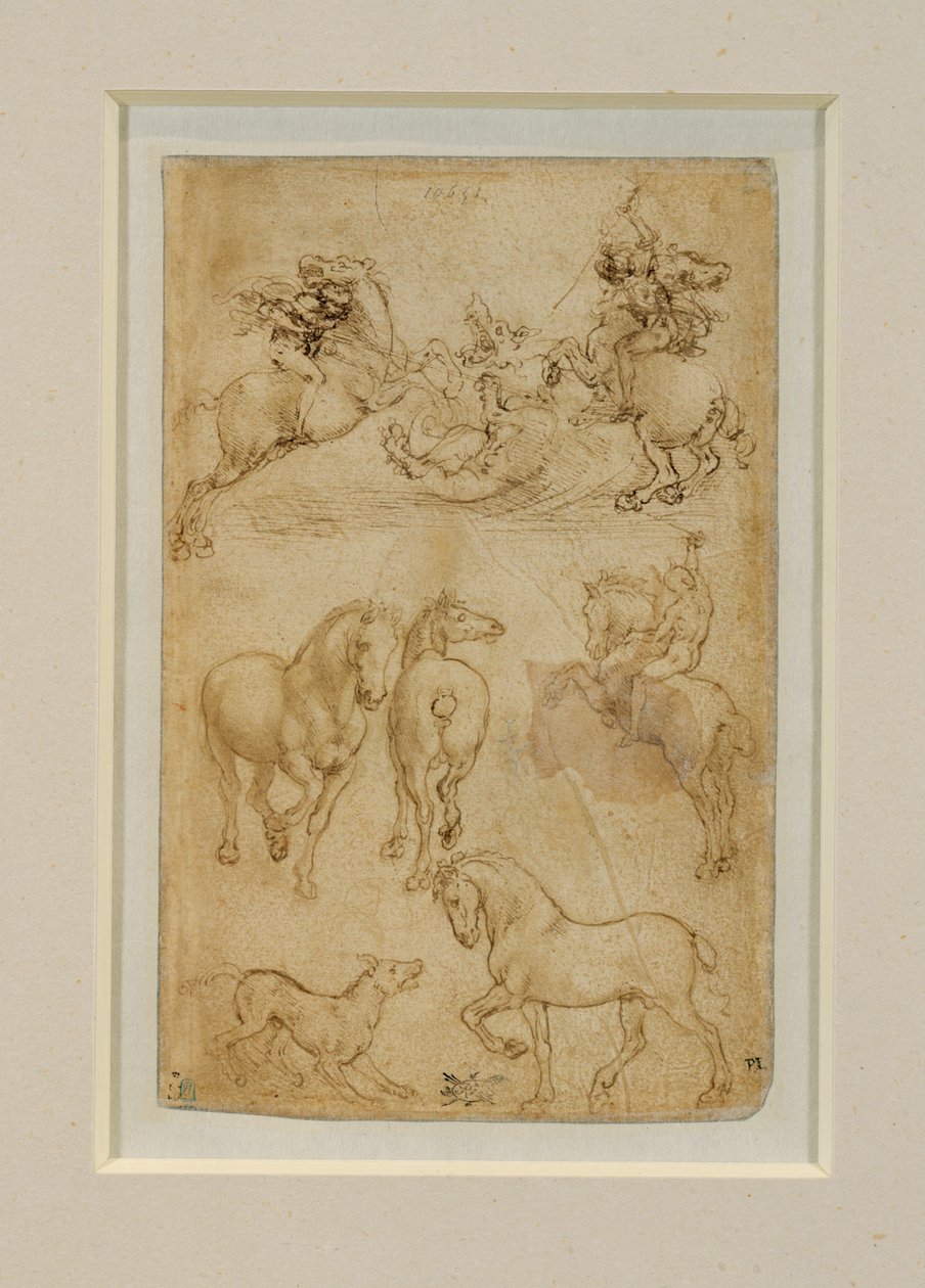Dwóch jeźdźców walczących ze smokiem; jeździec i dwa konie; pies i koń ... autorstwa Leonardo da Vinci