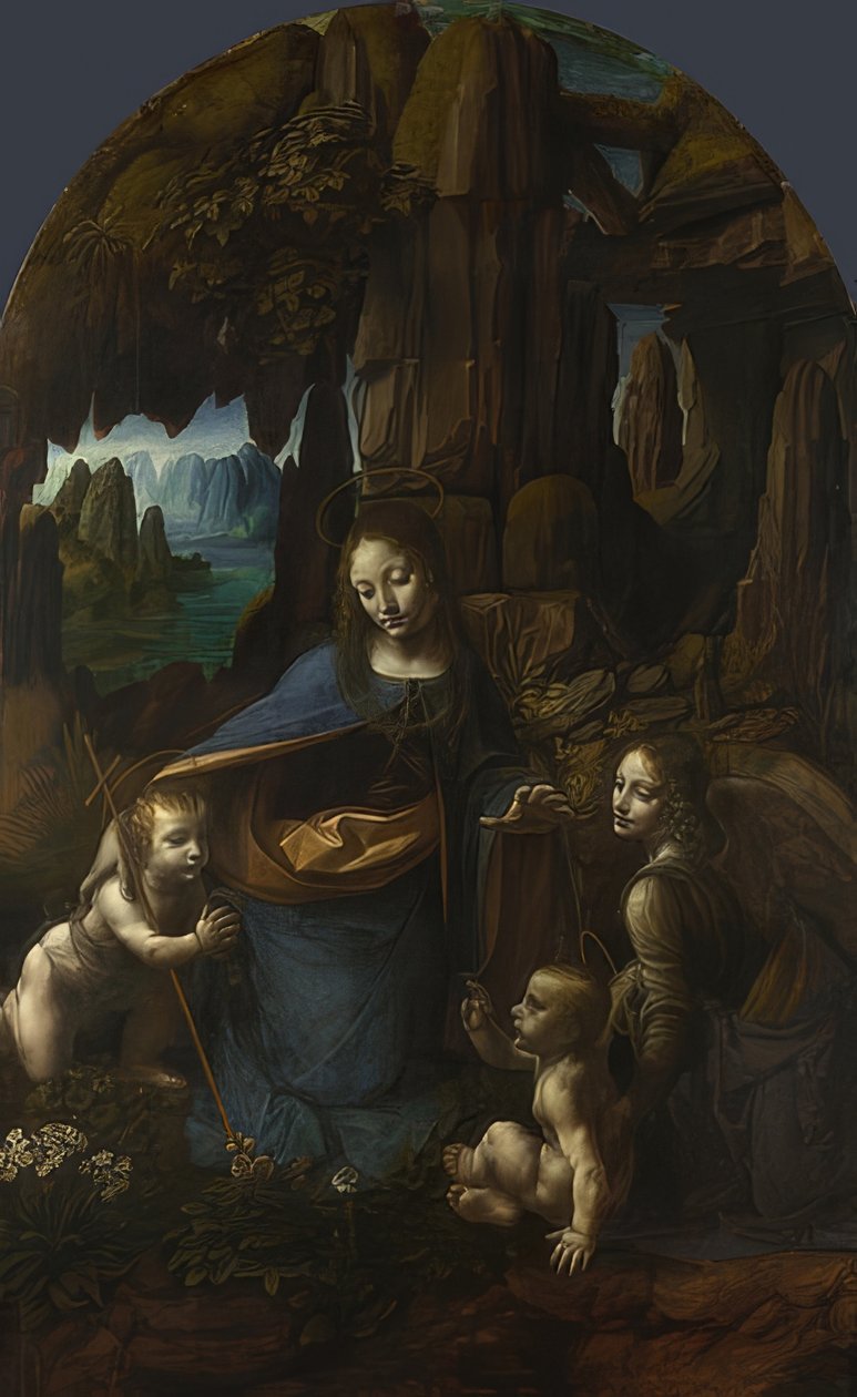 Madonna of the Rocks (do ołtarza San Francesco w Mediolanie). Około 1491/92-99 i 1506-08 autorstwa Leonardo da Vinci