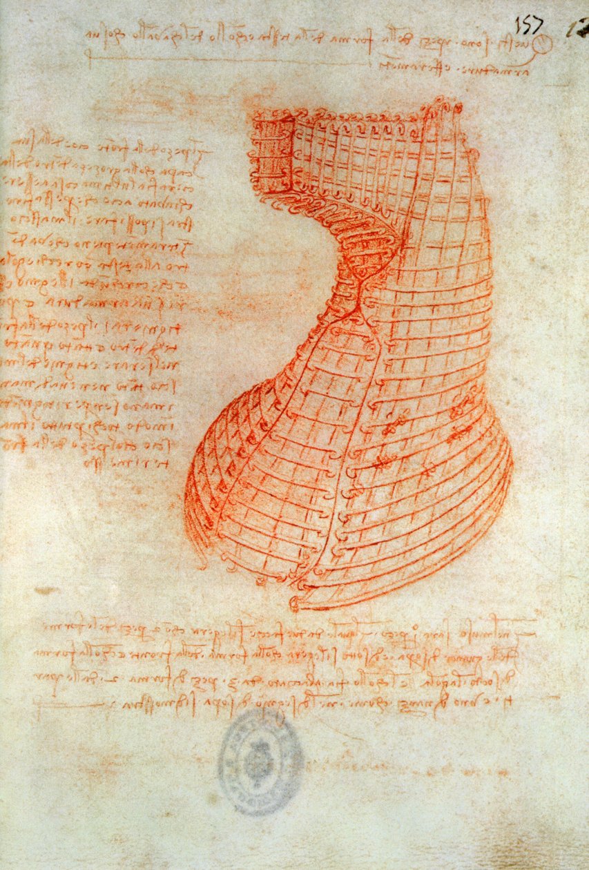 Sforcų arklio galvai skirtos geležies liejimo formos brėžinys, Fol. 57 (recto), iš Codex Madrid I, c.1491-93 (rašiklis ir rudas rašalas ant popieriaus)poli autorstwa Leonardo da Vinci