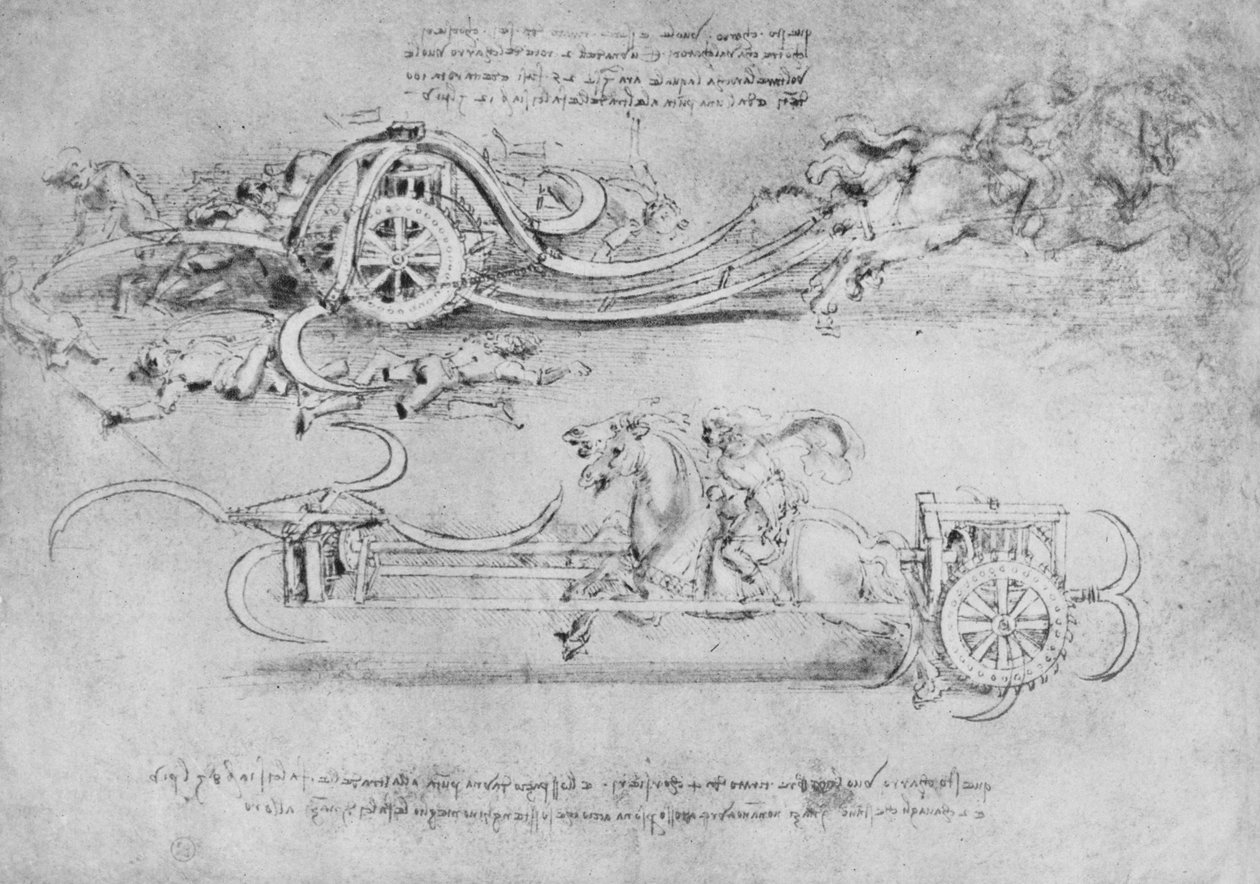 Rysunki dwóch typów rydwanów uzbrojonych w kosy, c1480 1945 autorstwa Leonardo da Vinci