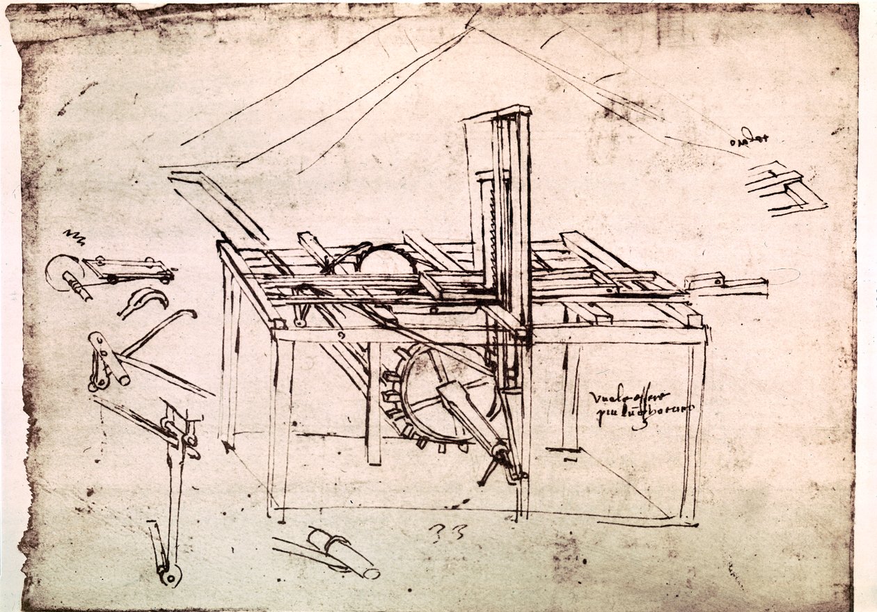 Fragment rękopisu Da Vinci opisującego zasadę działania i budowę "piły hydraulicznej z automatycznym napędem" (rękopis) autorstwa Leonardo da Vinci