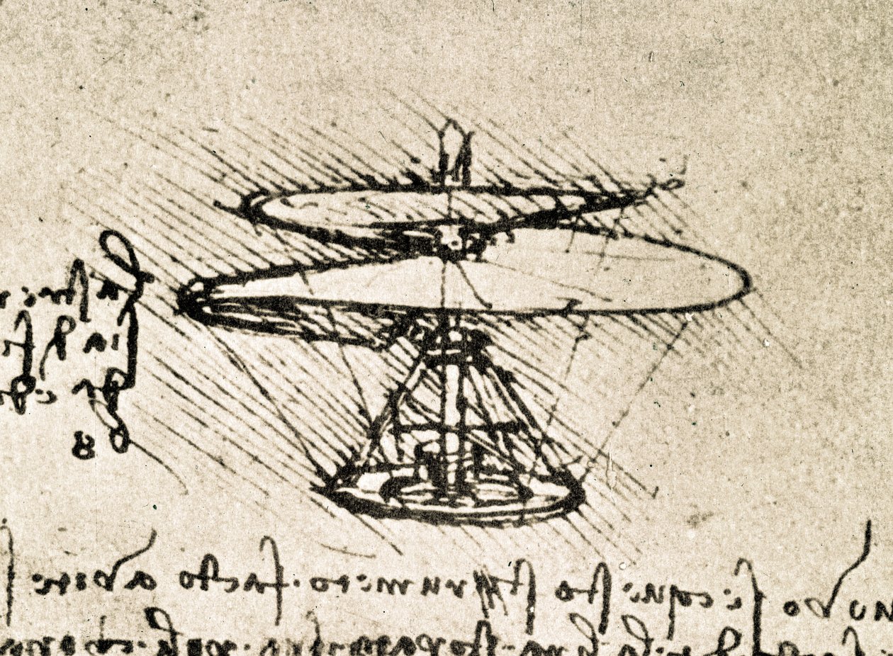 Fragment manuskryptu Da Vinci opisującego zasadę działania i budowę "śruby lotniczej (helikoptera)" (manuskrypt) autorstwa Leonardo da Vinci
