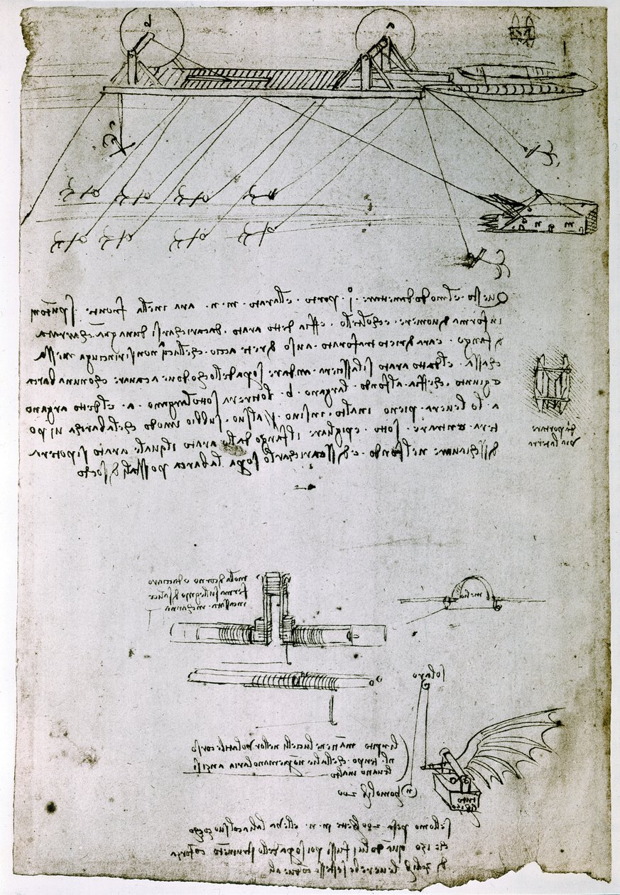 Fragment rękopisu Da Vinci opisującego zasadę działania i budowę "pogłębiarki morskiej" (rękopis) autorstwa Leonardo da Vinci