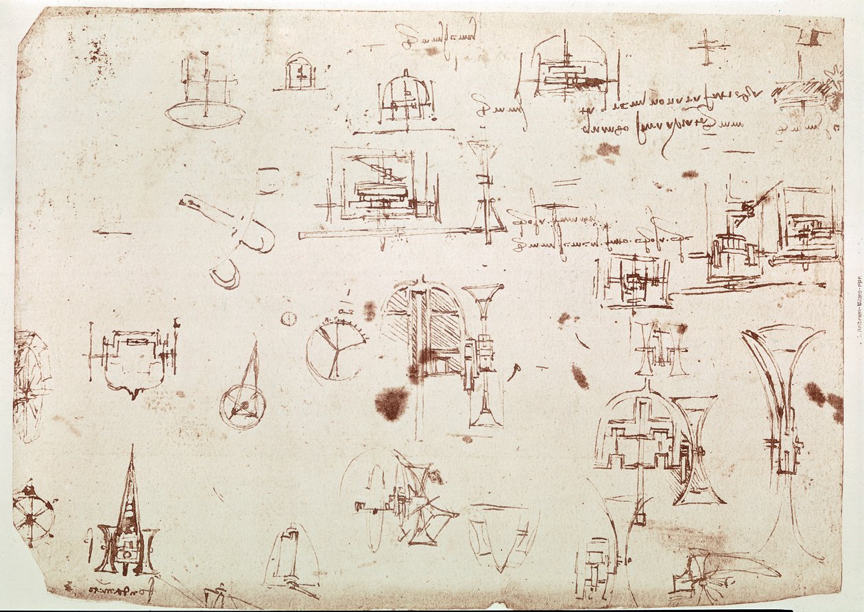Fragment rękopisu Da Vinci opisującego zasadę działania i budowę "łodzi z napędem za pomocą kół" (rękopis) autorstwa Leonardo da Vinci