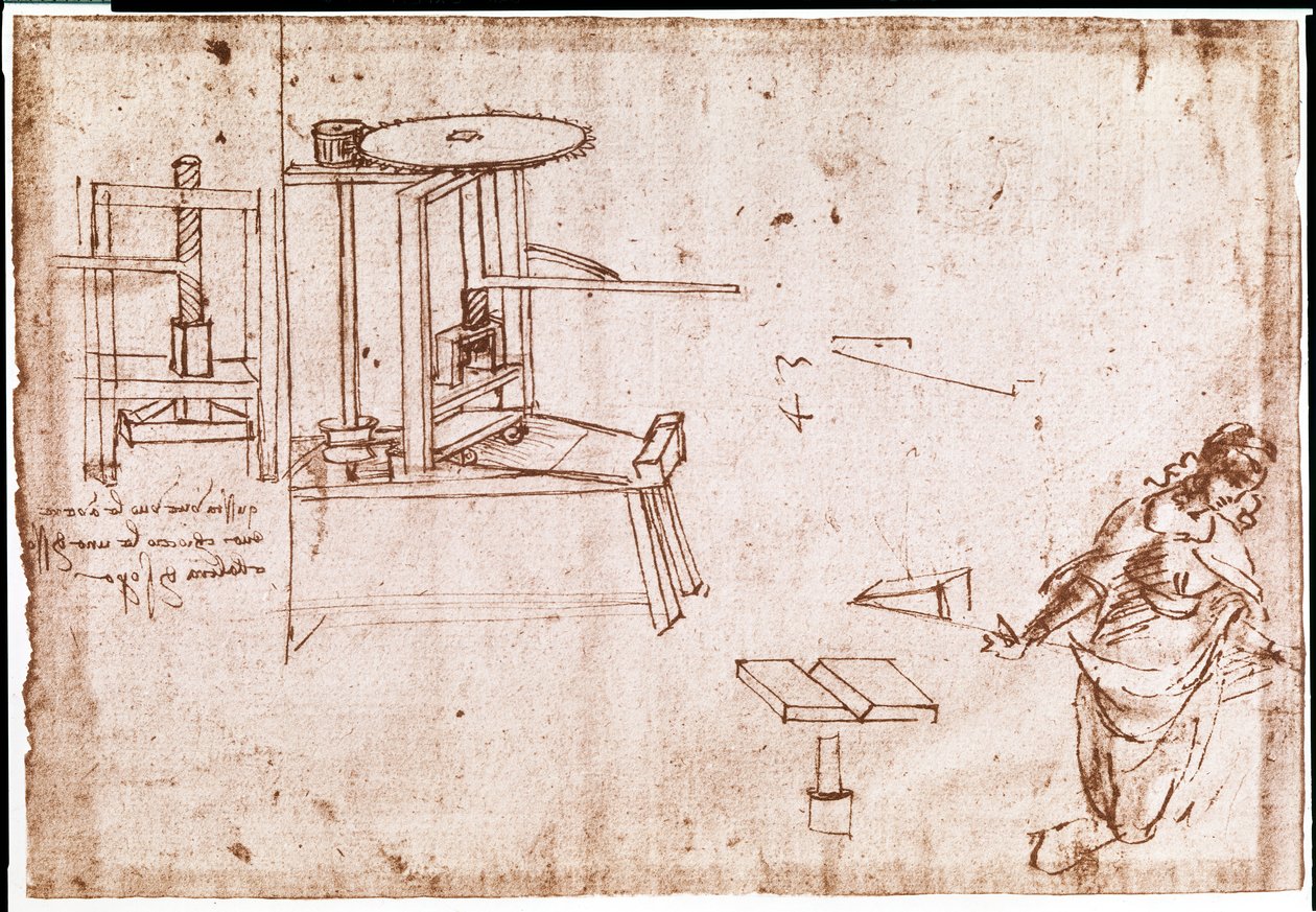 Fragment manuskryptu Da Vinci opisującego zasadę działania i budowę "maszyny drukarskiej" (manuskrypt) autorstwa Leonardo da Vinci