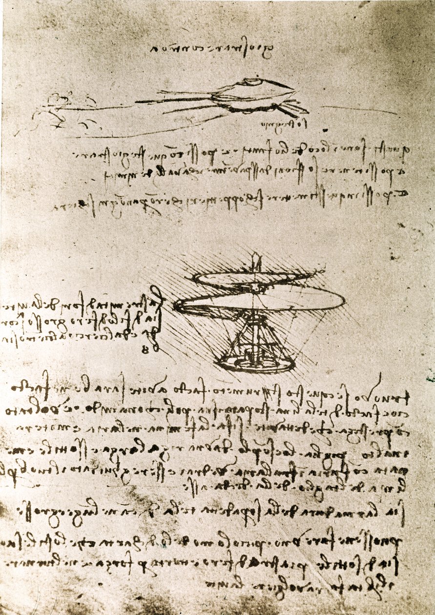 Fragment manuskryptu Da Vinci opisującego zasadę działania i budowę "śruby lotniczej (helikoptera)" (manuskrypt) autorstwa Leonardo da Vinci