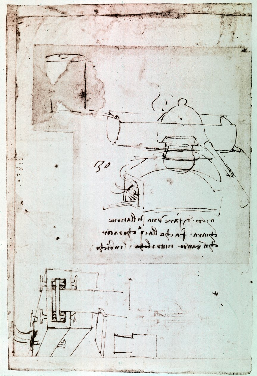 Fragment rękopisu Da Vinci opisującego zasadę działania i budowę "destylatora z ciągłym chłodzeniem" (rękopis) autorstwa Leonardo da Vinci
