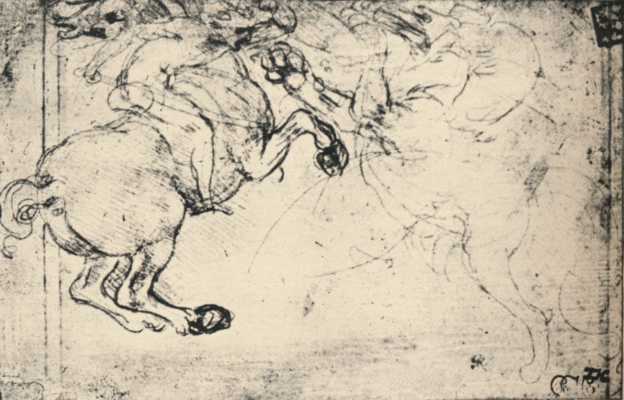 Walka między jeźdźcem a gryfem, ok. 1480 1945 r. autorstwa Leonardo da Vinci