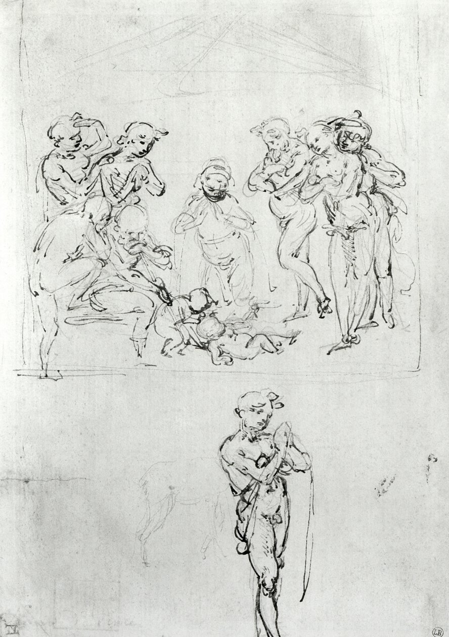 Studia figuralne na Pokłon Trzech Króli, c.1481 (pióro i atrament i metalowy punkt na papierze) autorstwa Leonardo da Vinci