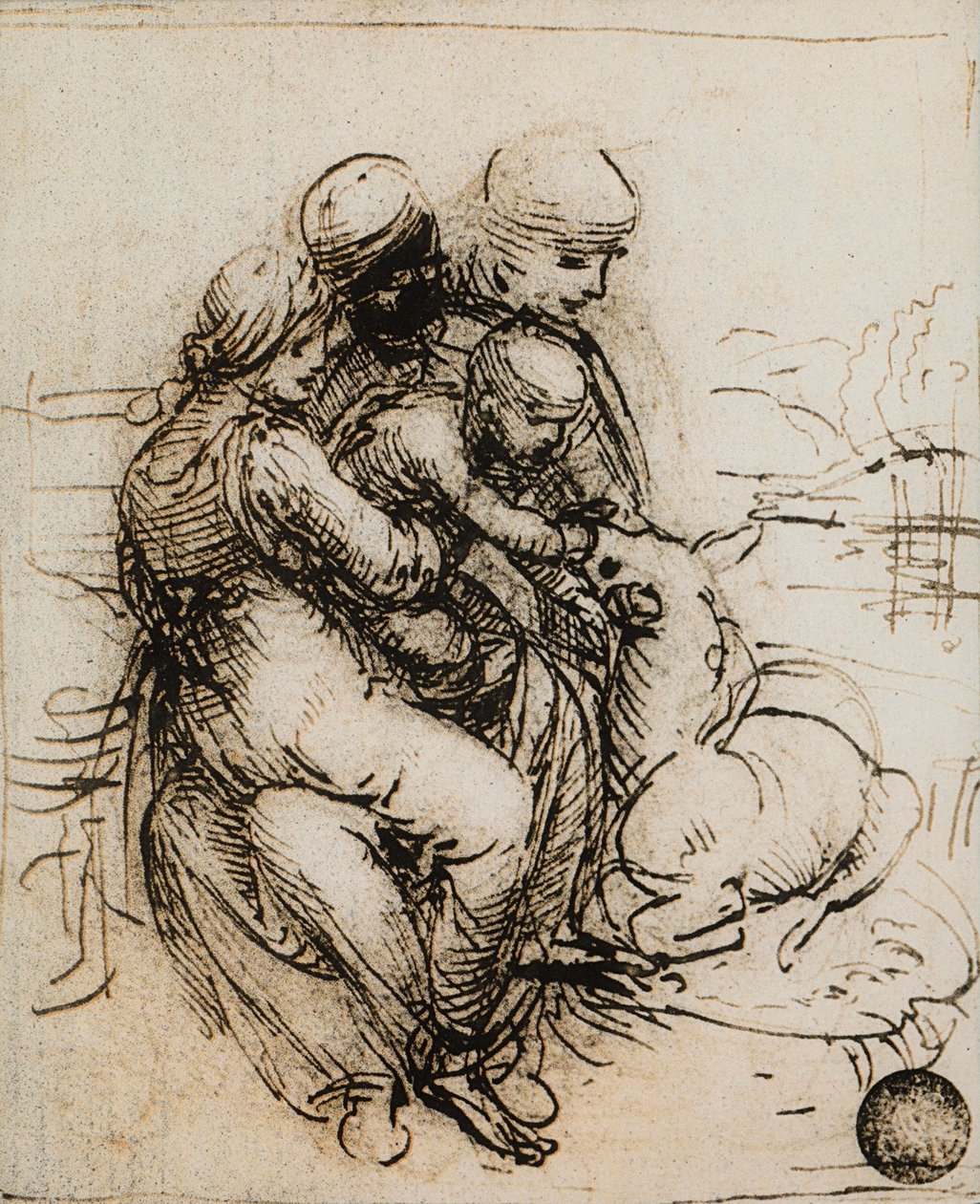 Pierwszy pomysł na Madonnę z Dzieciątkiem i Św. Anną; rysunek Leonarda da Vinci. Gallerie dell