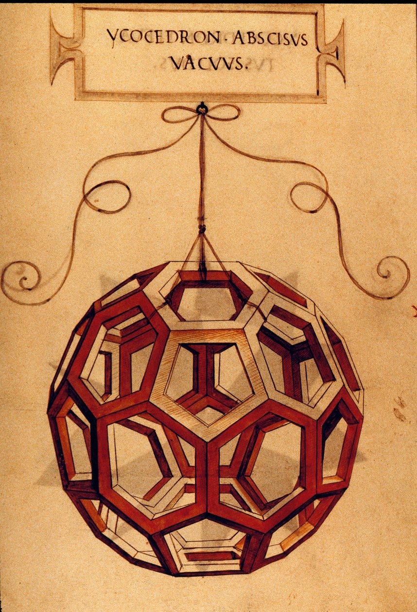 Geometria: „” Dwudziestościan”” Strona zaczerpnięta z rękopisu „” De divina proporcja”” (O boskich proporcjach) matematyka Fra Luca Pacioli dit Luca di Borgo (1445-1517) zilustrowana przez Leonarda da Vinci (1452-1519). 1509. autorstwa Leonardo da Vinci