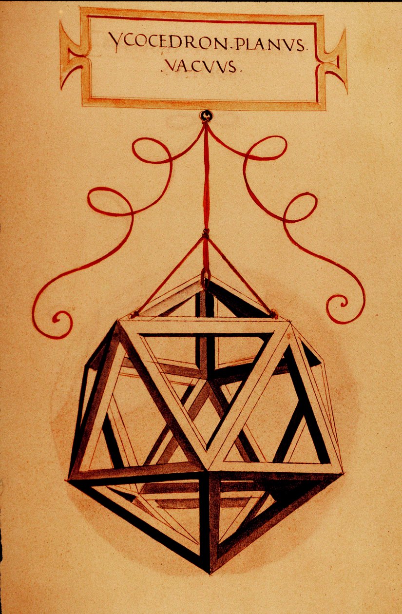 Geometria: „” Dwudziestościan”” Strona zaczerpnięta z rękopisu „” De divina proporcja”” (O boskich proporcjach) matematyka Fra Luca Pacioli dit Luca di Borgo (1445-1517) zilustrowana przez Leonarda da Vinci (1452-1519). 1509. autorstwa Leonardo da Vinci