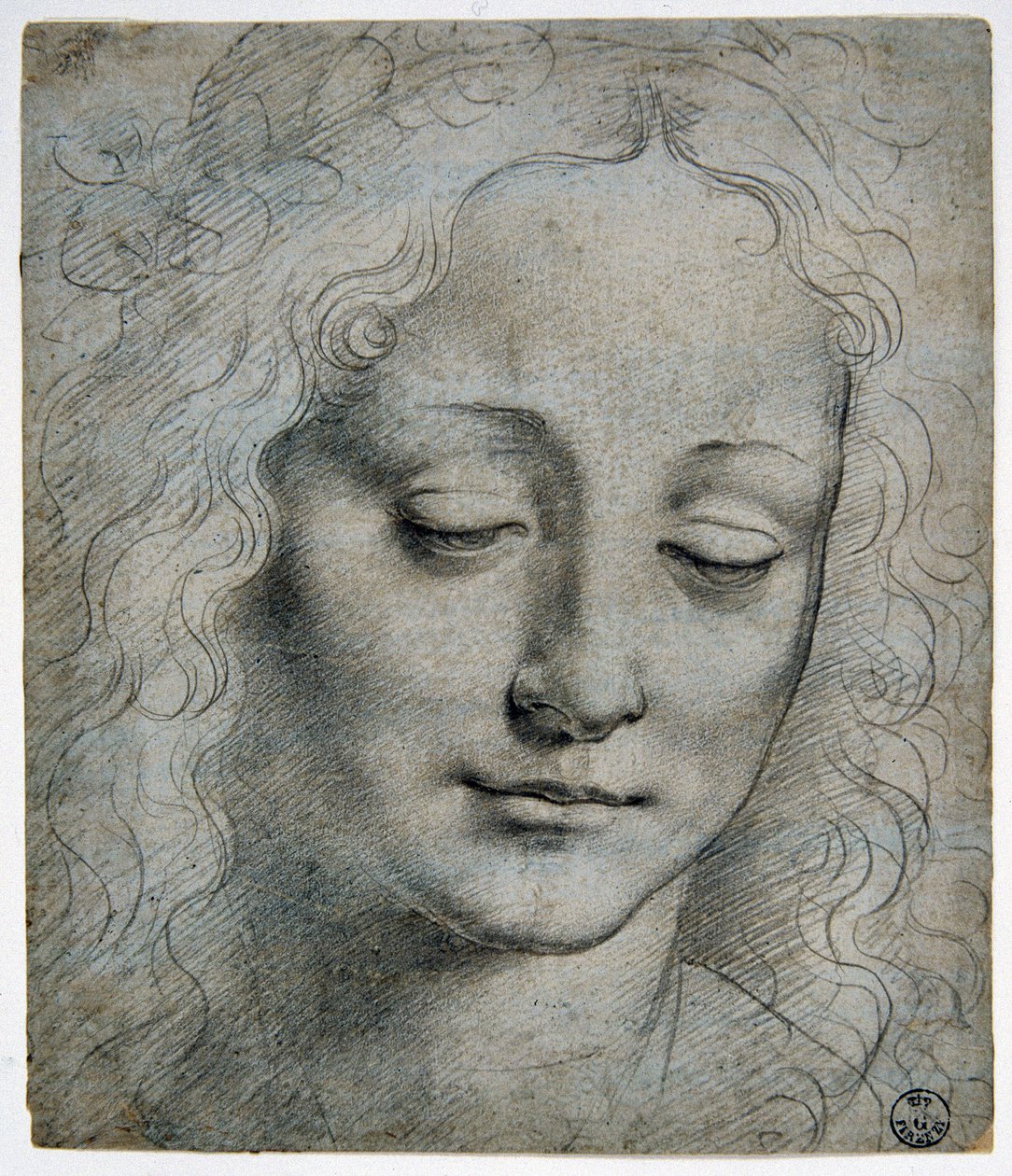 Giovanni Antonio Boltraffio (Beltraffio) (1467 - 1516) (najbardziej znany uczeń Leonarda da Vinci): głowa chłopca korona z liści na drodze Verrocchio, GDSU 425 E autorstwa Leonardo da Vinci