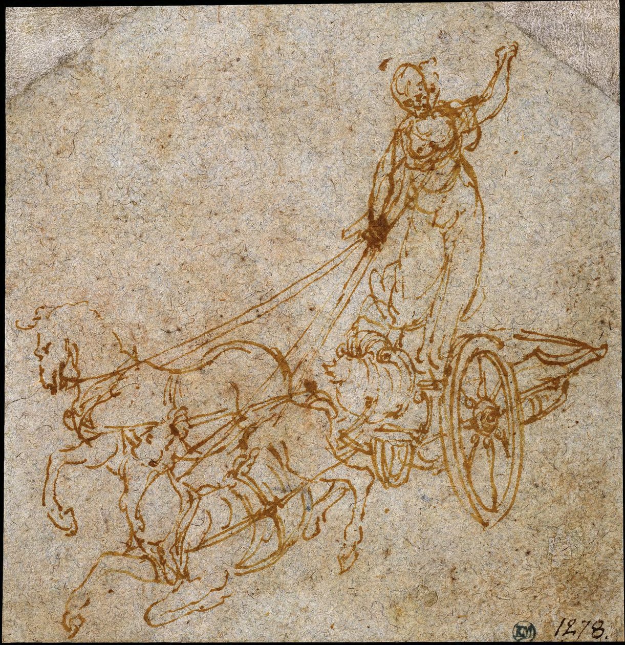 Bogini stojąca w rydwanie ciągniętym przez dwa konie, z których jeden się przewraca autorstwa Leonardo da Vinci