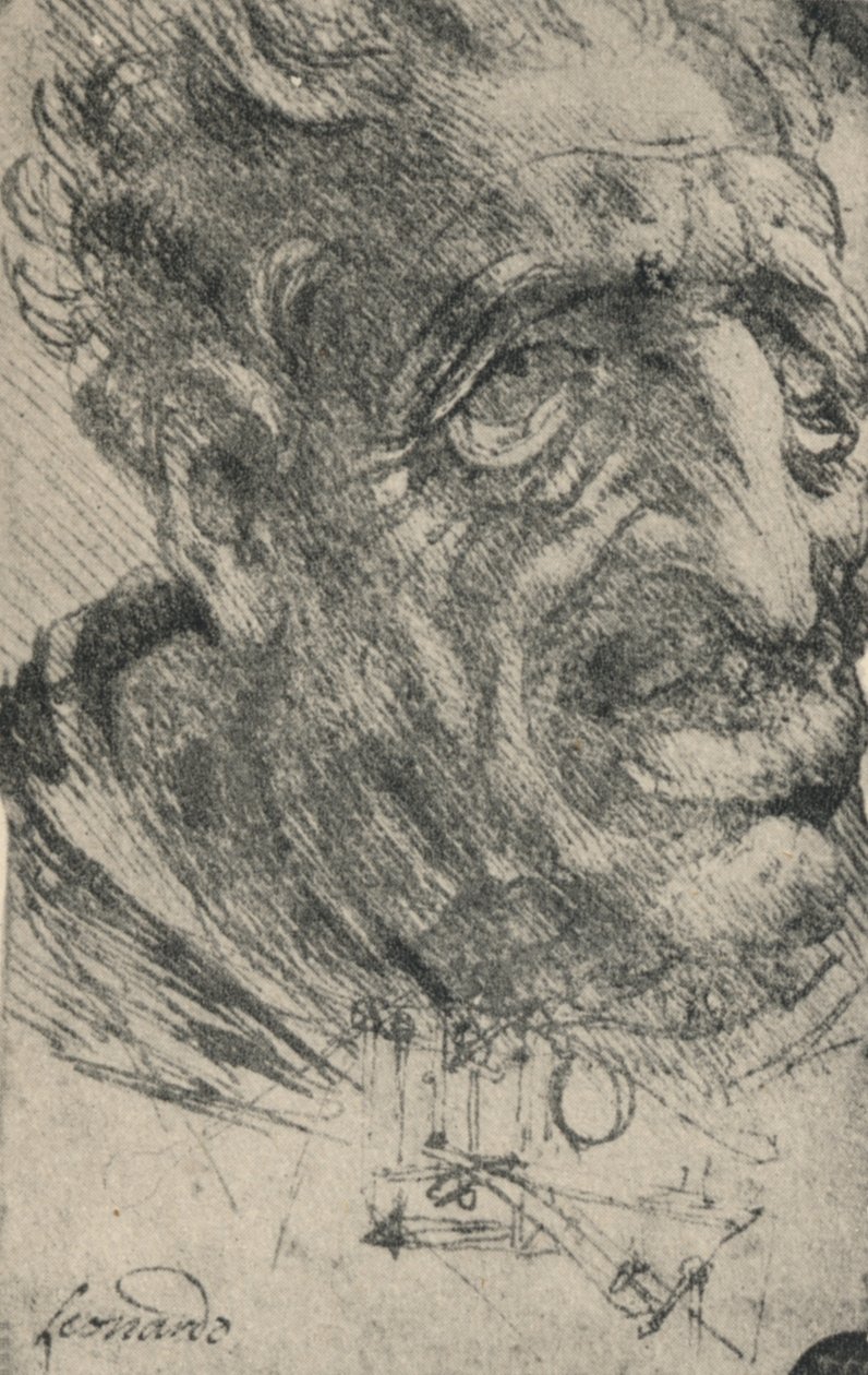 Groteskowa głowa mężczyzny obróconego o trzy czwarte w prawo, ok. 1480 1945 r. autorstwa Leonardo da Vinci