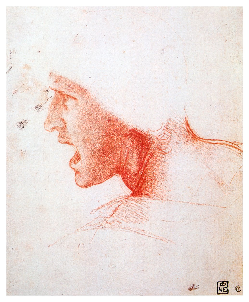 Głowa mężczyzny krzyczącego z profilu po lewej, 1503-1504 autorstwa Leonardo da Vinci