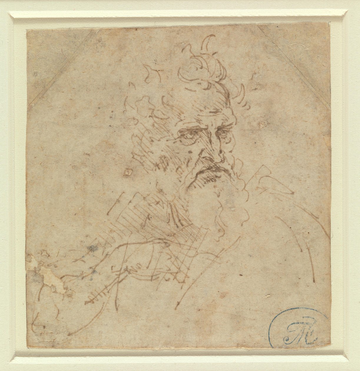 Głowa ponuro wyglądającego siwego starca z prawą ręką autorstwa Leonardo da Vinci