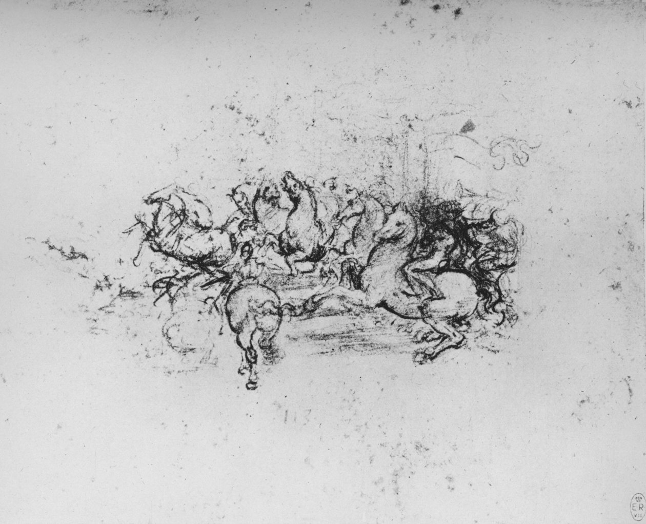 Jeźdźcy z proporcami nacierający z lewej strony, ok. 1480 1945 r. autorstwa Leonardo da Vinci