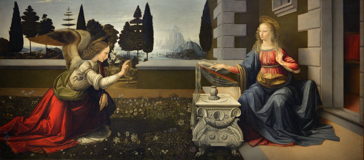 Włochy Toskania Florencja, Galeria Uffizi: Zwiastowanie, obraz Leonarda da Vinci (1452-1519), olej na drewnie, ok. 1472-1475, 98x217 cm autorstwa Leonardo da Vinci