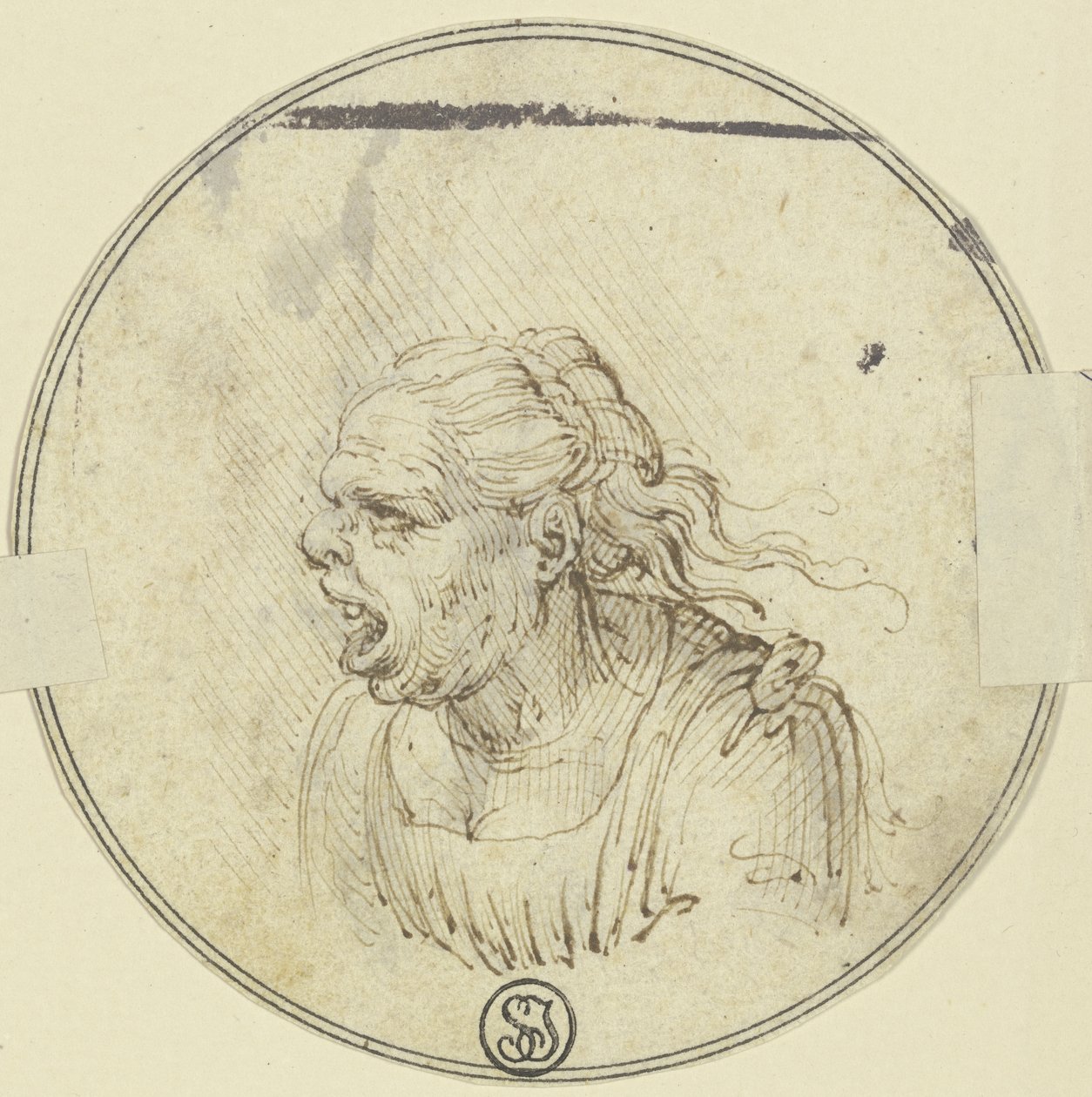 Karykatura kobiety z otwartymi ustami, portret od pasa w górę, w profilu w lewo autorstwa Leonardo da Vinci