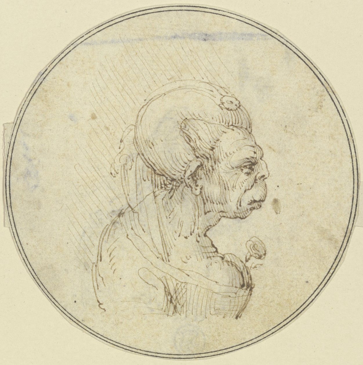Karykatura starszej kobiety, portret od pasa w górę z różą przy piersi, widziana z profilu w prawo autorstwa Leonardo da Vinci