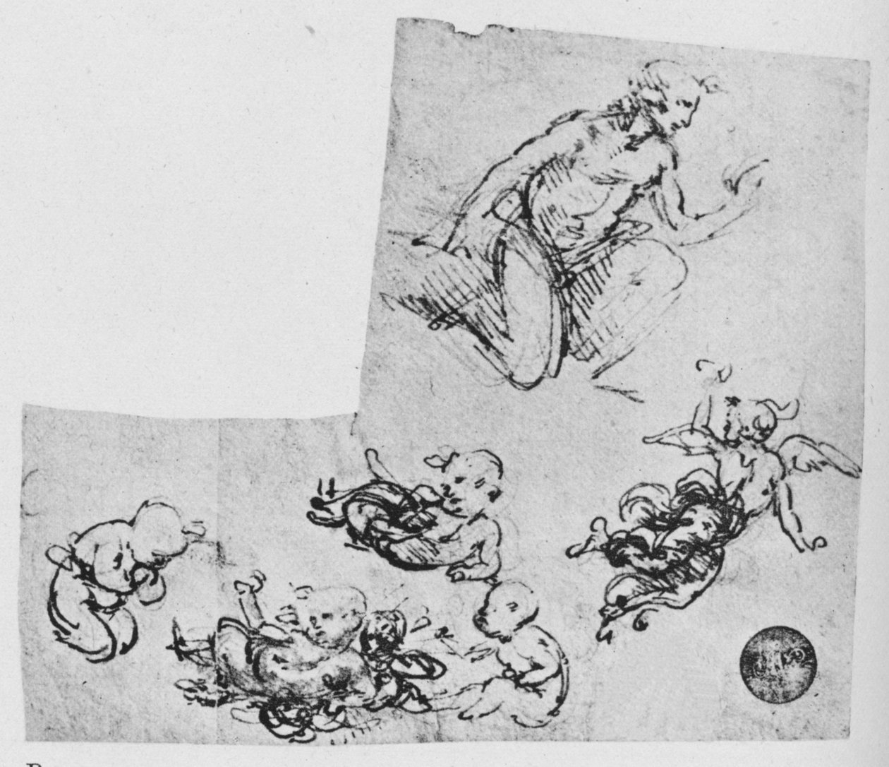 Klęcząca młodość i Putti, ok. 1480 1945 r. autorstwa Leonardo da Vinci