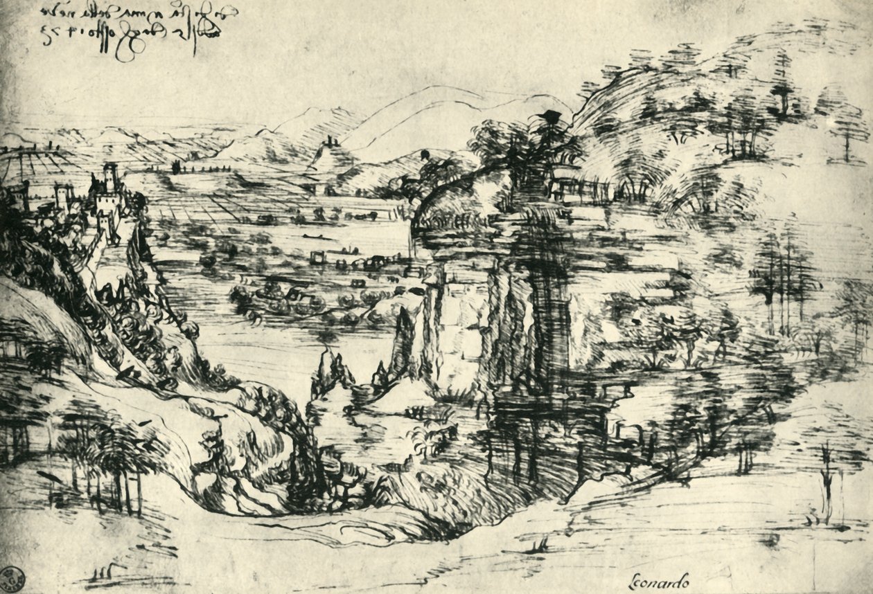 Rysunek krajobrazowy do Santa Maria della Neve z 5 sierpnia 1473, 1943. autorstwa Leonardo da Vinci