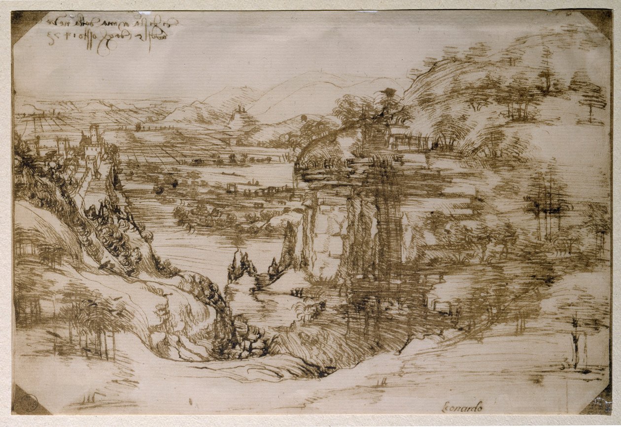 Krajobraz Santa Maria della Neve: krajobraz doliny Arno (rysunek ołówkiem) autorstwa Leonardo da Vinci