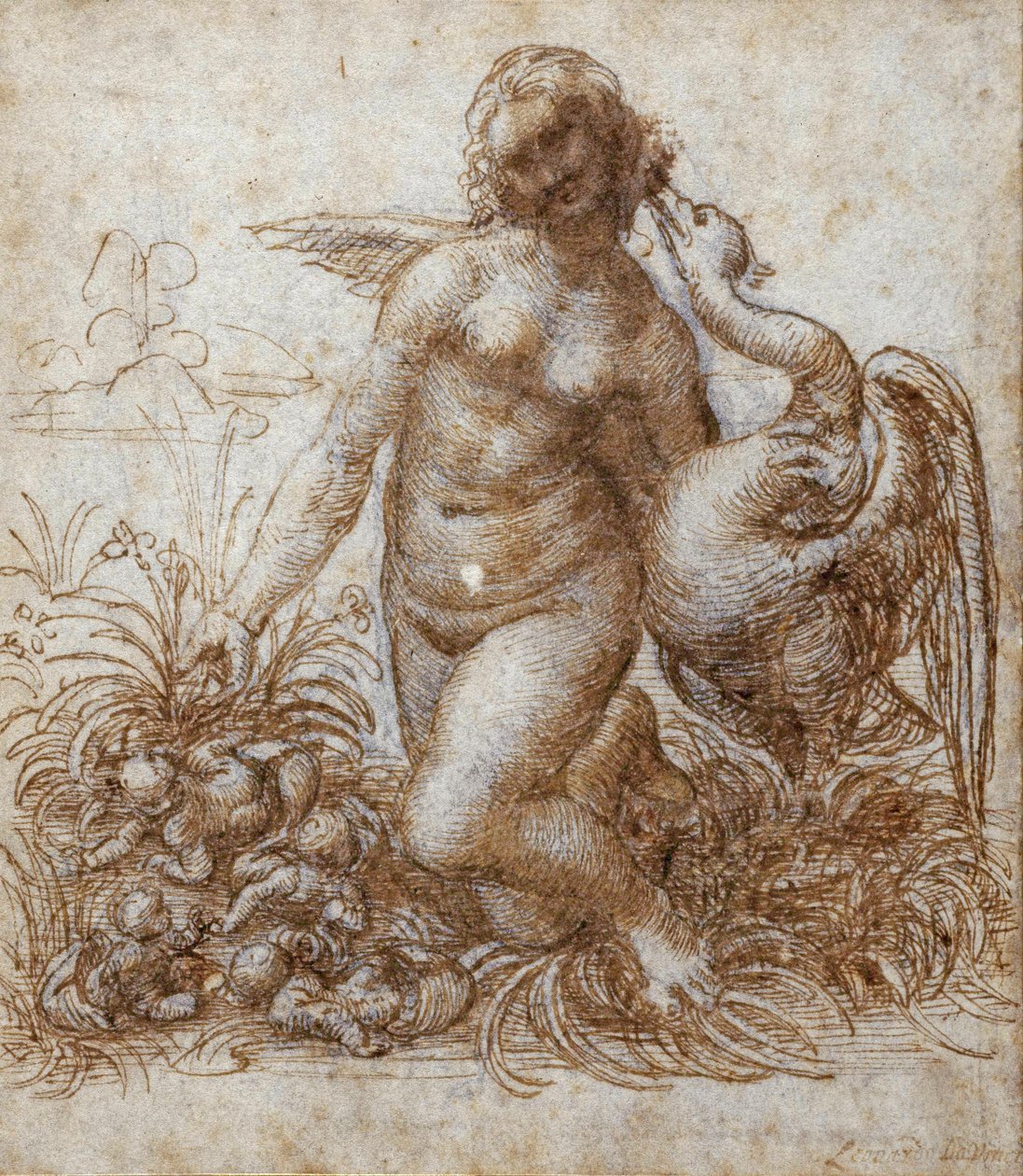Leda i łabędź (pióro i brązowy tusz na czarnej kredzie na papierze) autorstwa Leonardo da Vinci