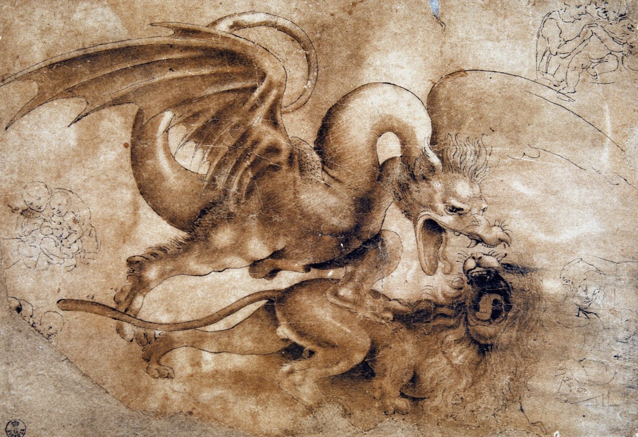 Leonardo da Vinci (Leonardo da Vinci) (1452 - 1519): Walka między lwem a smokiem, GDSU 435 E (Wyobraź sobie) autorstwa Leonardo da Vinci