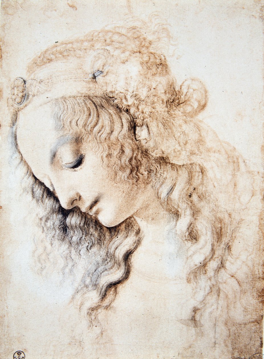 Leonardo da Vinci (Leonardo da Vinci) (1452 - 1519): Portret dziewczyny z zamkniętymi oczami i głową w dół, z włosami ozdobionymi opaską wzbogaconą biżuterią (Immagina) autorstwa Leonardo da Vinci