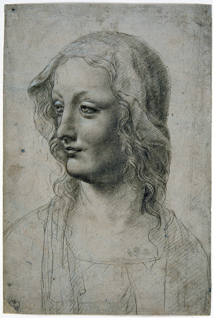 Maestro della Pala Sforzesca (mediolański uczeń Leonarda da Vinci), głowa kobiety z welonem, być może studium dla Dziewicy, GDSU 426 E autorstwa Leonardo da Vinci