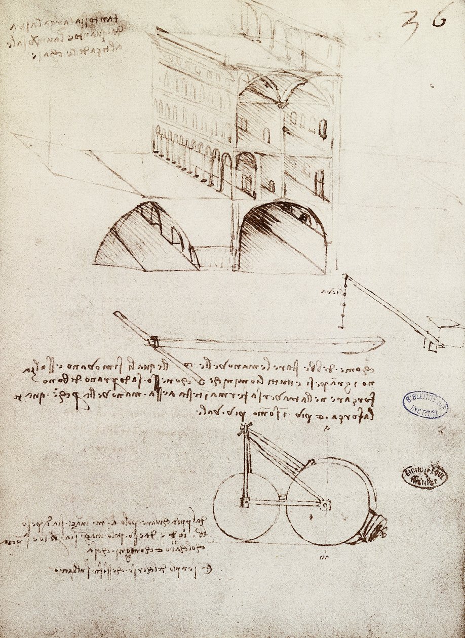 Rękopis B, f 36 r Studia architektoniczne, zagospodarowanie i przekroje budynków w mieście z podniesionymi ulicami (pióro i tusz na papierze) autorstwa Leonardo da Vinci