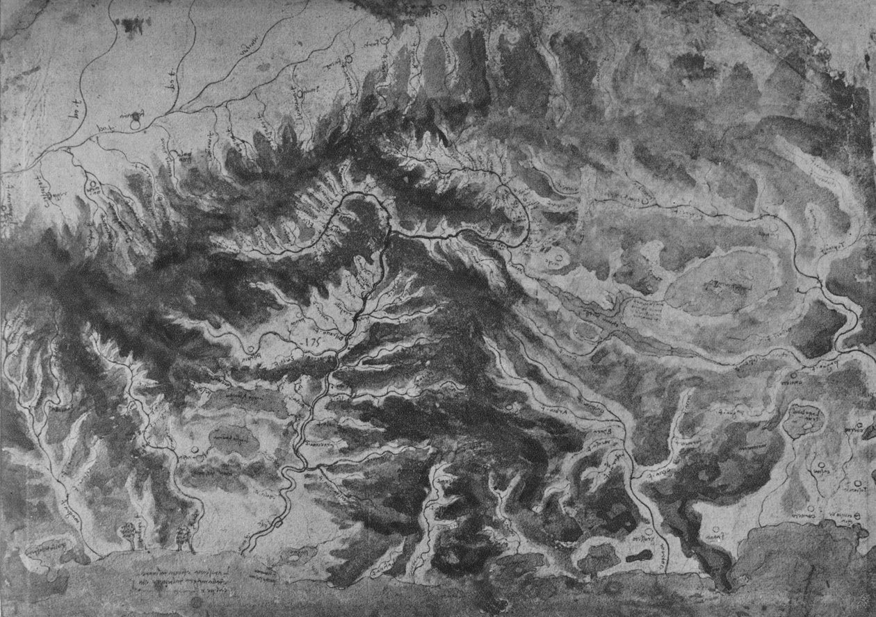 Mapa północnych Włoch, przedstawiająca zlewnię rzeki Arno, ok. 1480 1945 r autorstwa Leonardo da Vinci