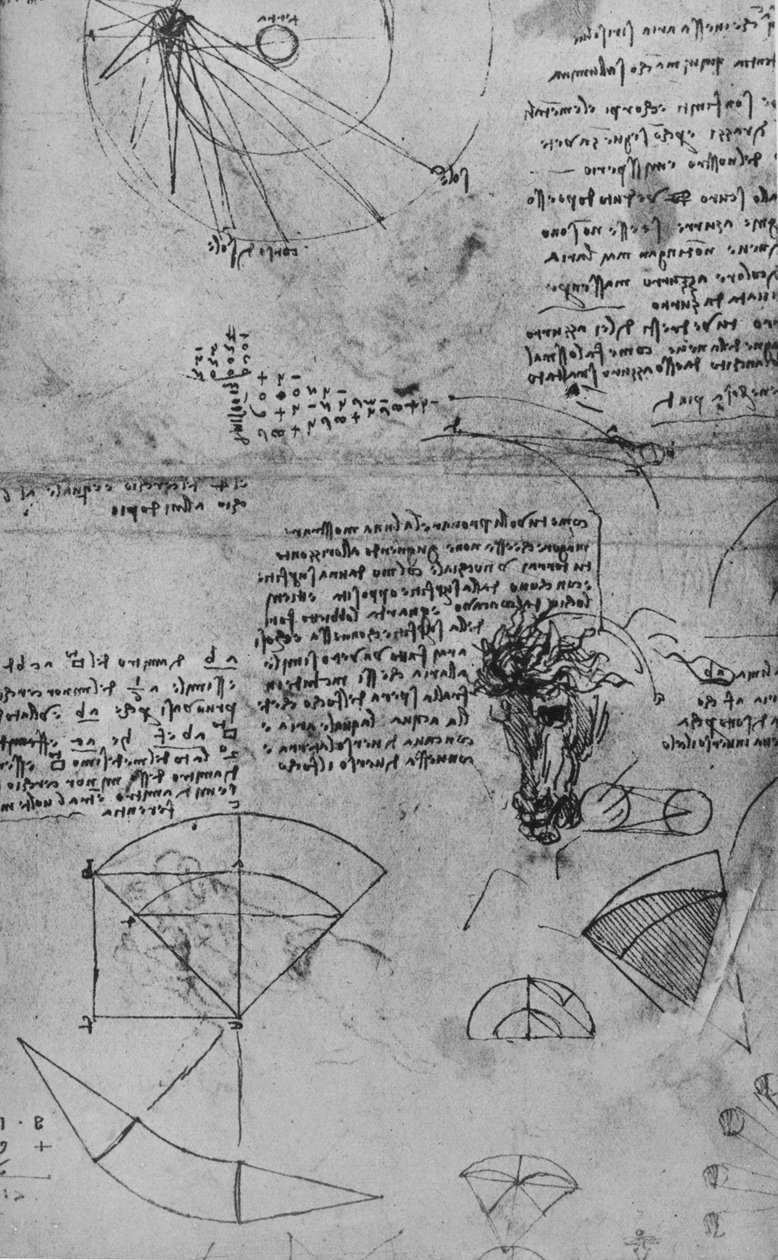 Notatki o astronomii i studium głowy konia, ok. 1480 1945 r autorstwa Leonardo da Vinci
