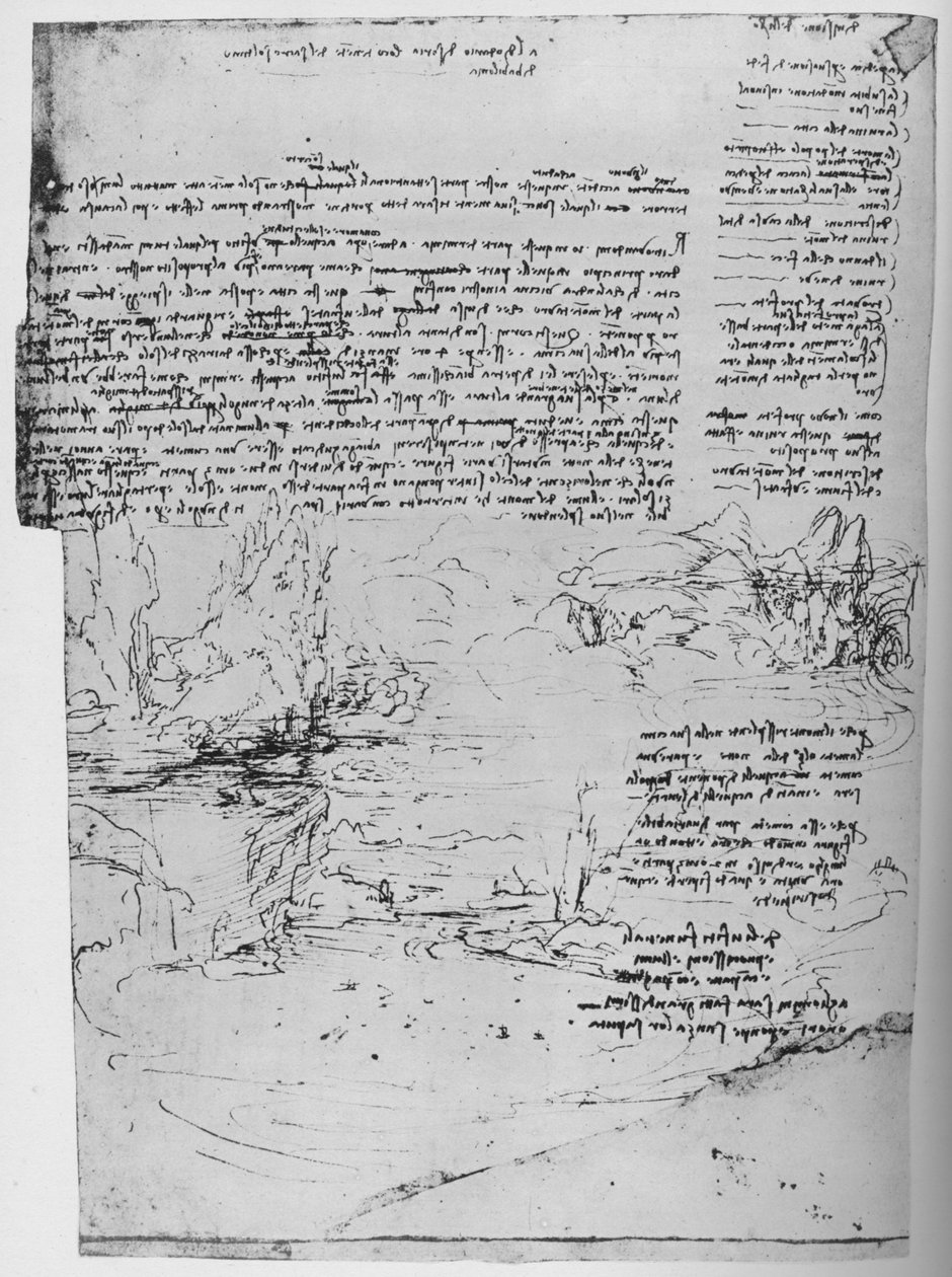 Strona tekstu ze szkicami krajobrazu, c1480 1945 autorstwa Leonardo da Vinci