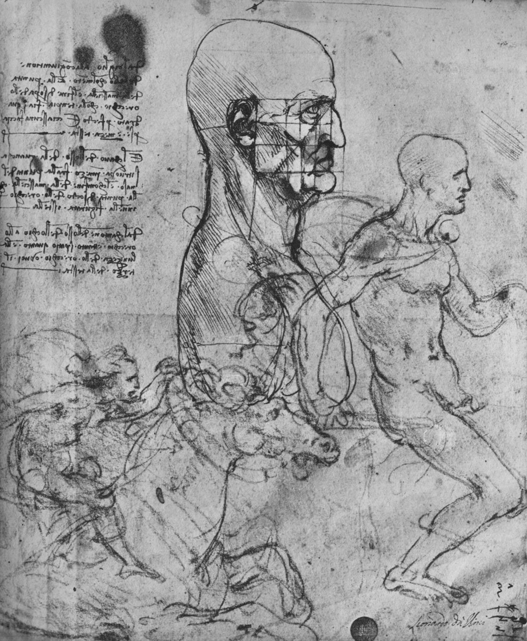 Profil człowieka dobranego do proporcji i badań nad jeźdźcami, ok. 1480 1945 r autorstwa Leonardo da Vinci