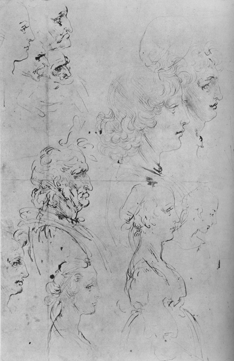 Profile mężczyzn i dziewczyny w połowie długości, ok. 1490 1945 r. autorstwa Leonardo da Vinci